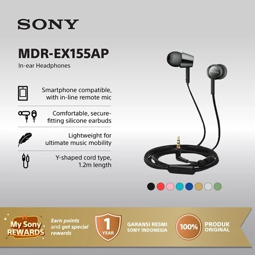 Earphone Sony MDR-EX155AP Handsfree Mass Model In-Ear - Black SONY Headset Headphone Original