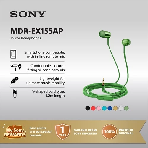 Earphone Sony MDR-EX155AP Handsfree Mass Model In-Ear - Green Earphone Headset Original