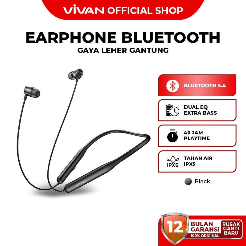 VIVAN Sport TWS Neckband 40H Playtime Low Latency Extra Bass IPX5 Liberty N100S Garansi 12 Bulan