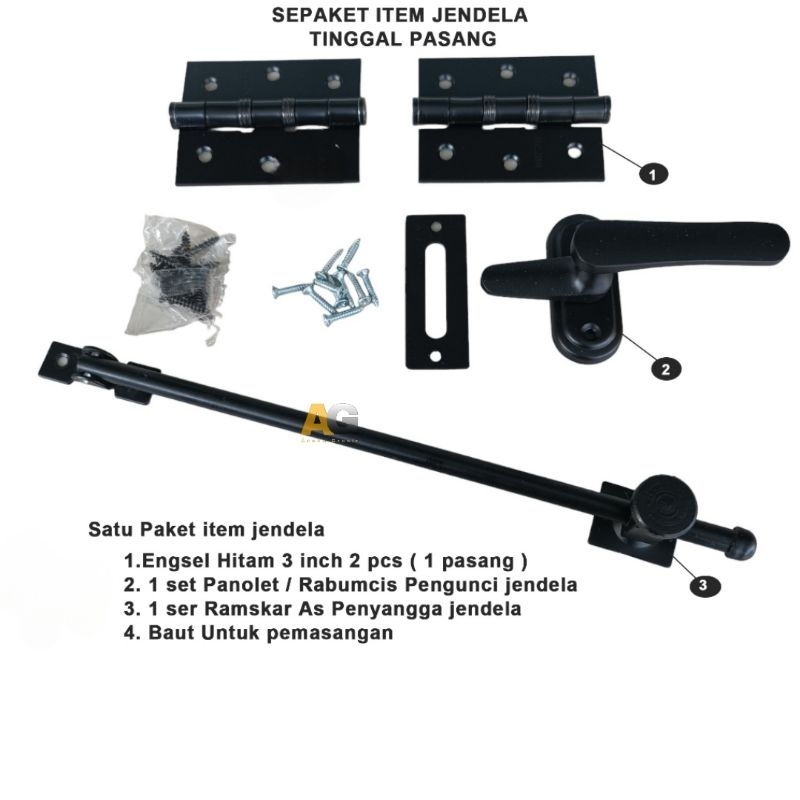 Paket Komplit Jendela Engsel 3 inch Grendel 2 inch Panolet Pengunci dan Penyangga Jendela