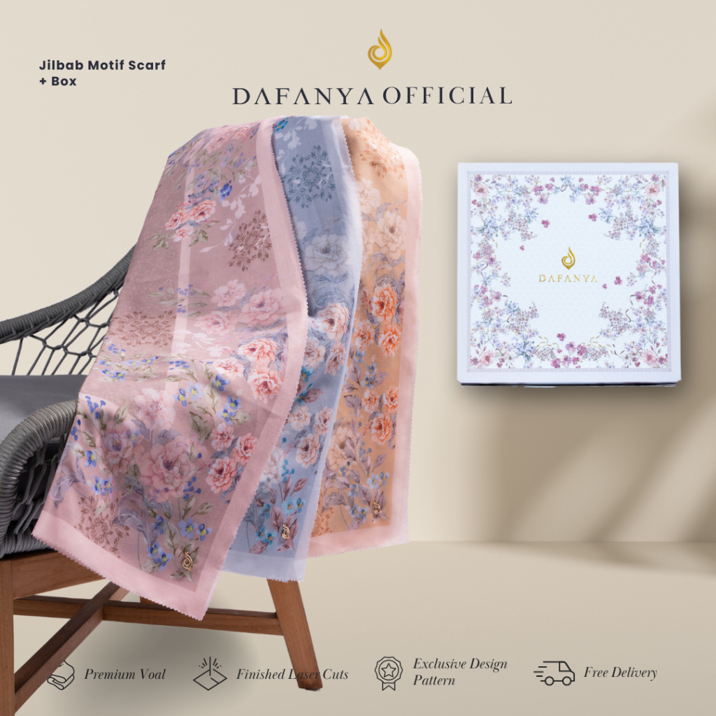 DAFANYA All Series Jilbab All Motif Kerudung Segi Empat Hijab Scarf Bahan Voal Laser Cut BOX Motif Bunga Putih