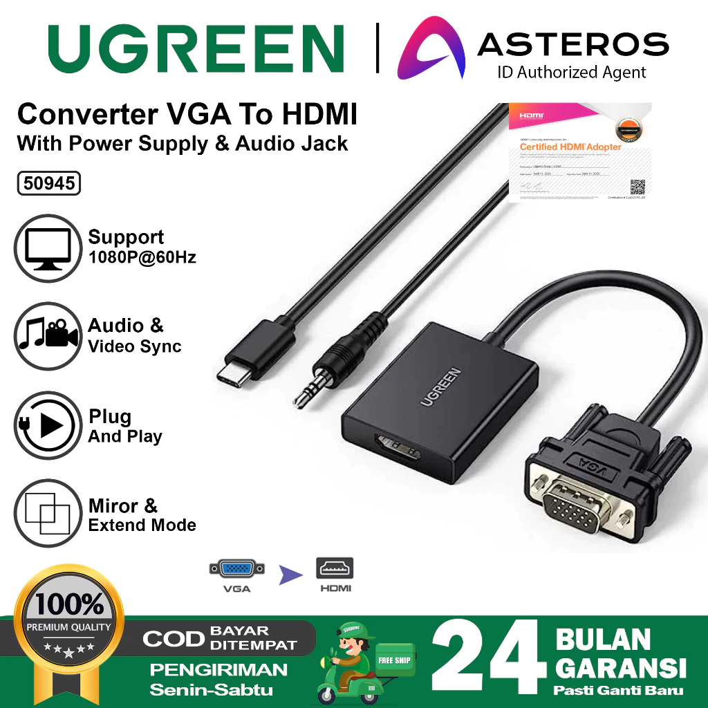 UGREEN Adapter Converter VGA Male To HDMI Female HD 1080p With Audio & Power Supply