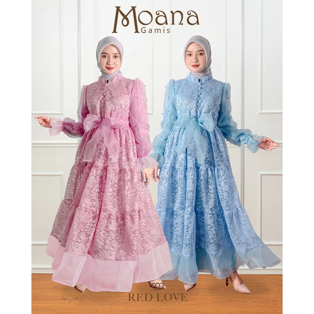 Gamis Moana Brukat Mix Organza Mutiara tampilan depan elegan
