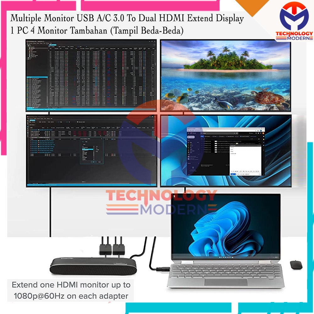 Jual HDMI Extend 4 Monitor Display (Tampil Beda-Beda) USB A/C 3.0 ...