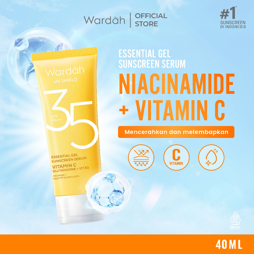 Wardah UV Shield Essential Sunscreen Gel SPF 35 PA +++ 40 ml - Sunscreen Wajah 0% Alkohol dengan Vitamin C + Niacinamide - Brightening + Hydrating Skin, Healthy Glow - Tekstur Ringan, Tidak Lengket, Melembabkan, Mencegah Penuaan Dini - Semua Jenis Kulit