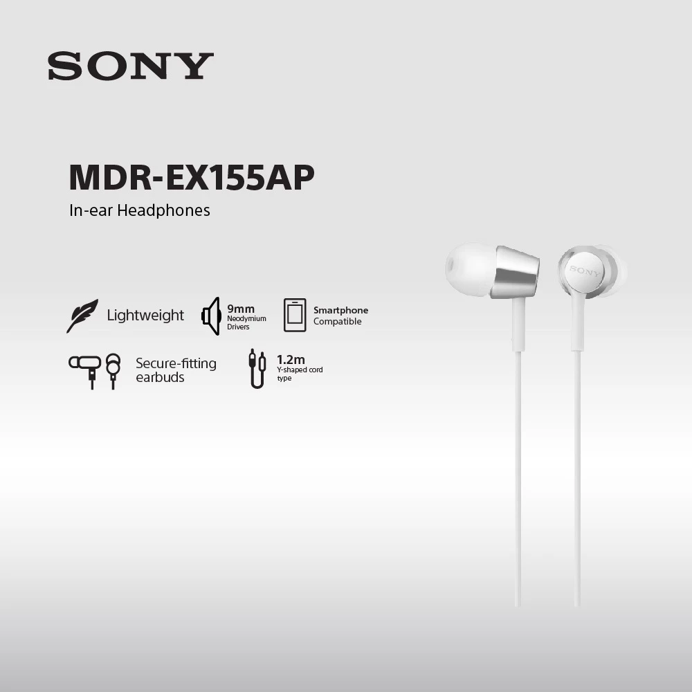Earphone Sony MDR-EX155AP Handsfree Mass Model In-Ear With Microphone - White Earphone Headset Original
