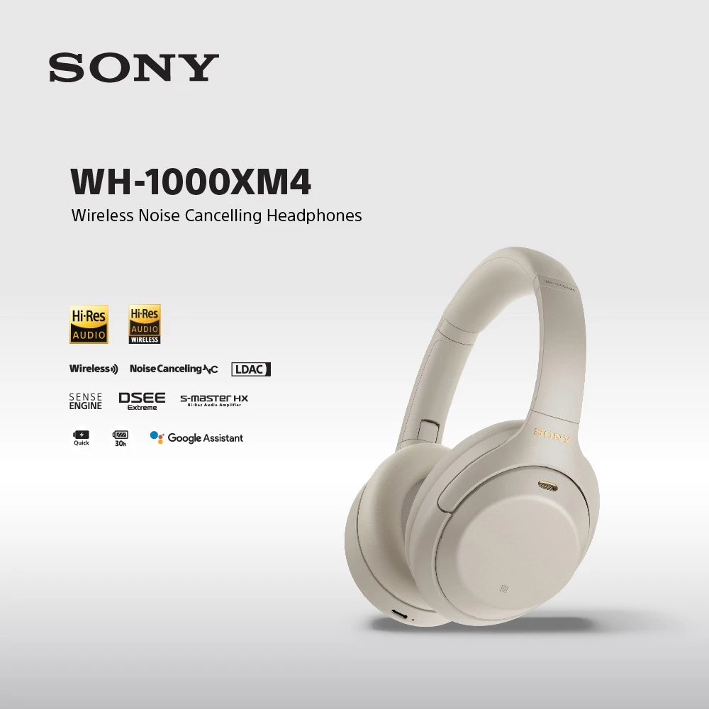 Sony WH-1000XM4 Wireless Headphone Premium Noise Cancelling Battery up to 30h With Microphone - Silver - Free Headstand