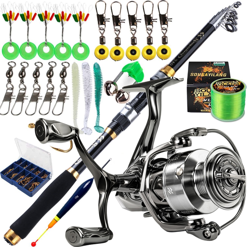 Joran Pancing Set Spinning Fishing Rod Carbon Fiber Super Light Portable Telescopic Pole 1.8M-2.4M and Spinning Reels 5.2:1 Gear Ratio 10KG Max Drag Super Strong for All Waters