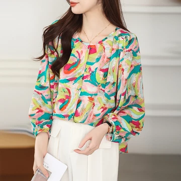 TianShun High Quality Yellow Printings Shirt Thailand Women Long Sleeve Casual Chiffon Fashion