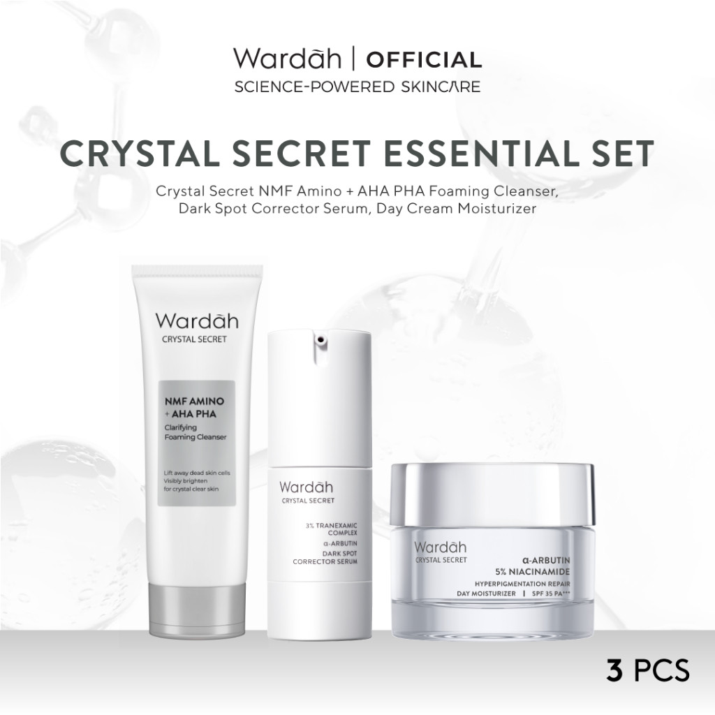 Wardah Crystal Secret Essential Package (Cleanser 100 ml, Serum 20 ml, Day Cream 30 g) - Rangkaian Skincare Untuk Mencerahkan dan Melembabkan - Untuk Kulit Normal Cenderung Kering