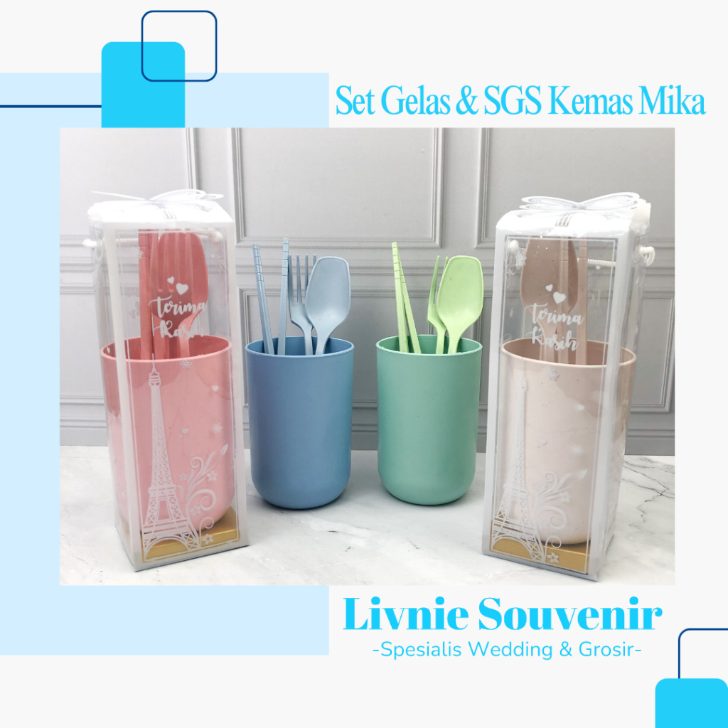 ( isi 10 pcs ) Souvenir Gelas Plastik Lokal NEW PANJANG OVAl + Sendok Set Lokal + kemasan mika / box