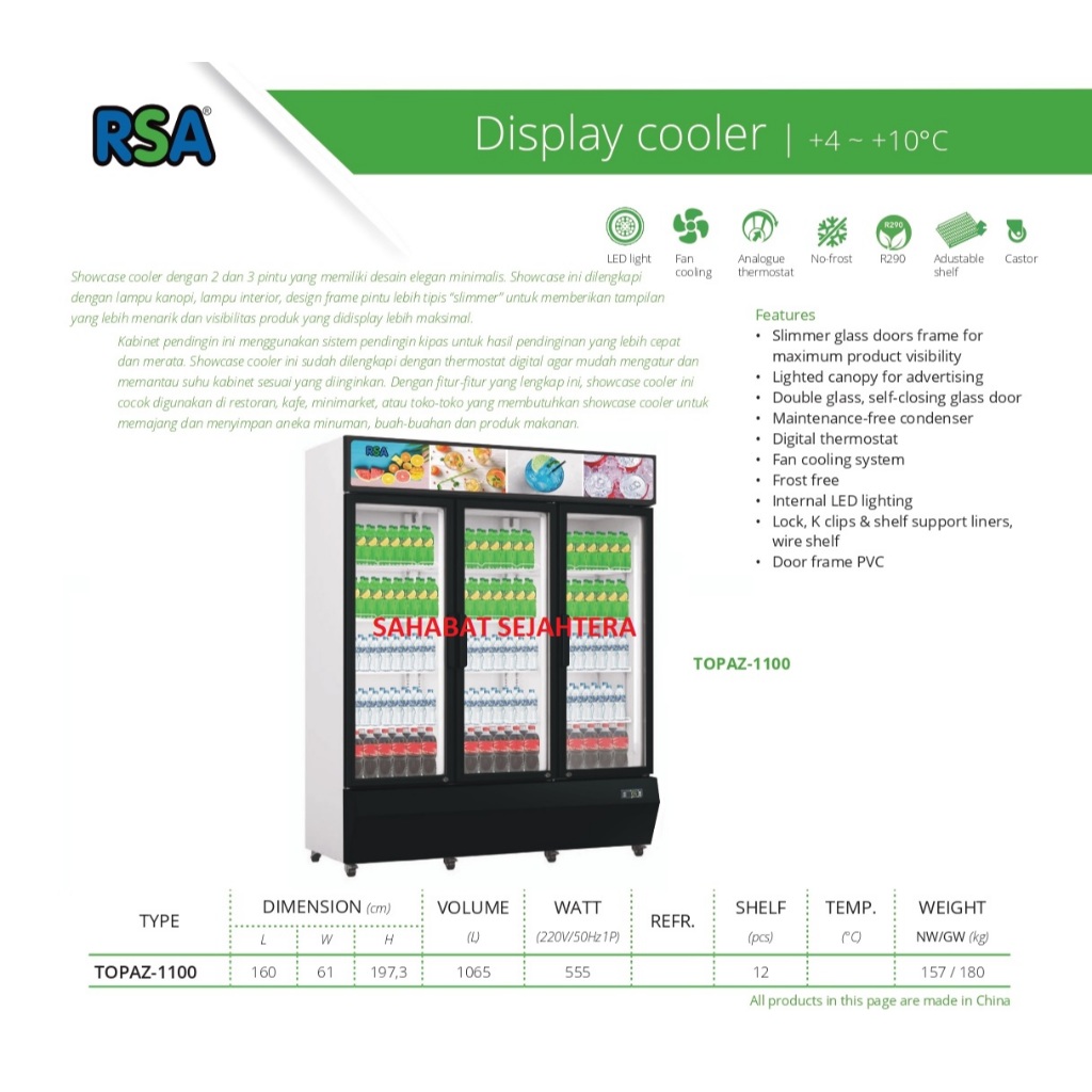 Jual RSA Display Cooler TOPAZ-1100 Kulkas Showcase 3 Pintu | Shopee ...