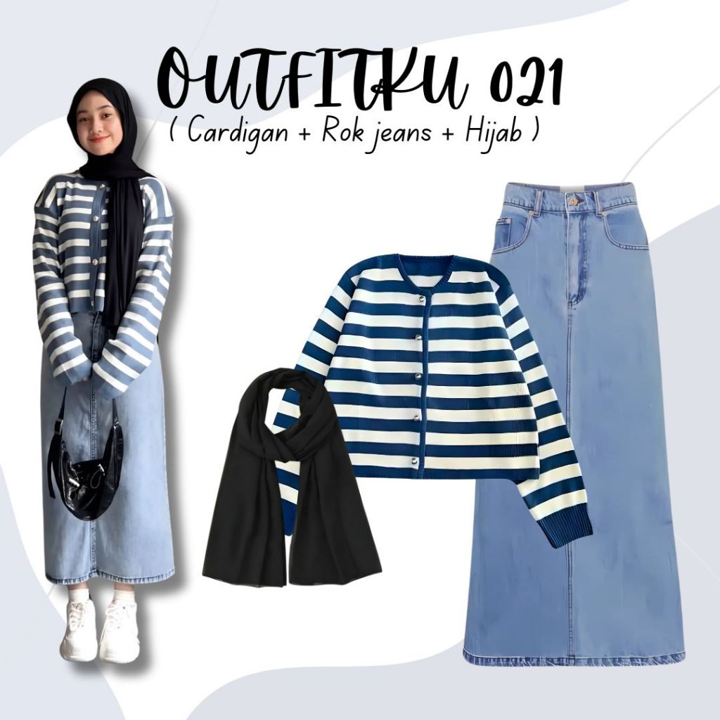 Jual One Set 3in1 Cardigan Strip Rok Jeans Hijab Pasmina Outfit