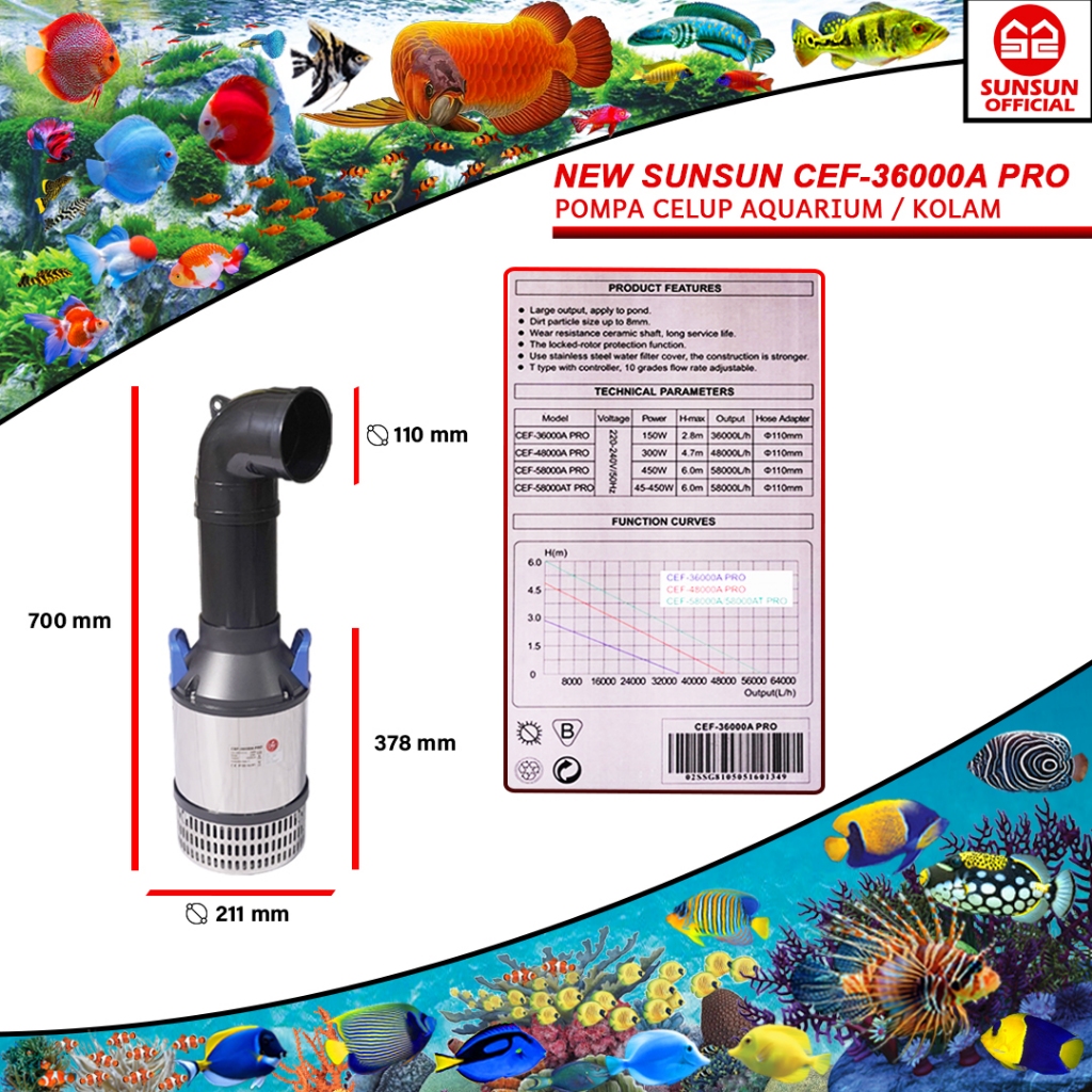 Jual NEW SUNSUN CEF 36000 A PRO Water Pump Kolam Aquarium Dengan Pipa ...