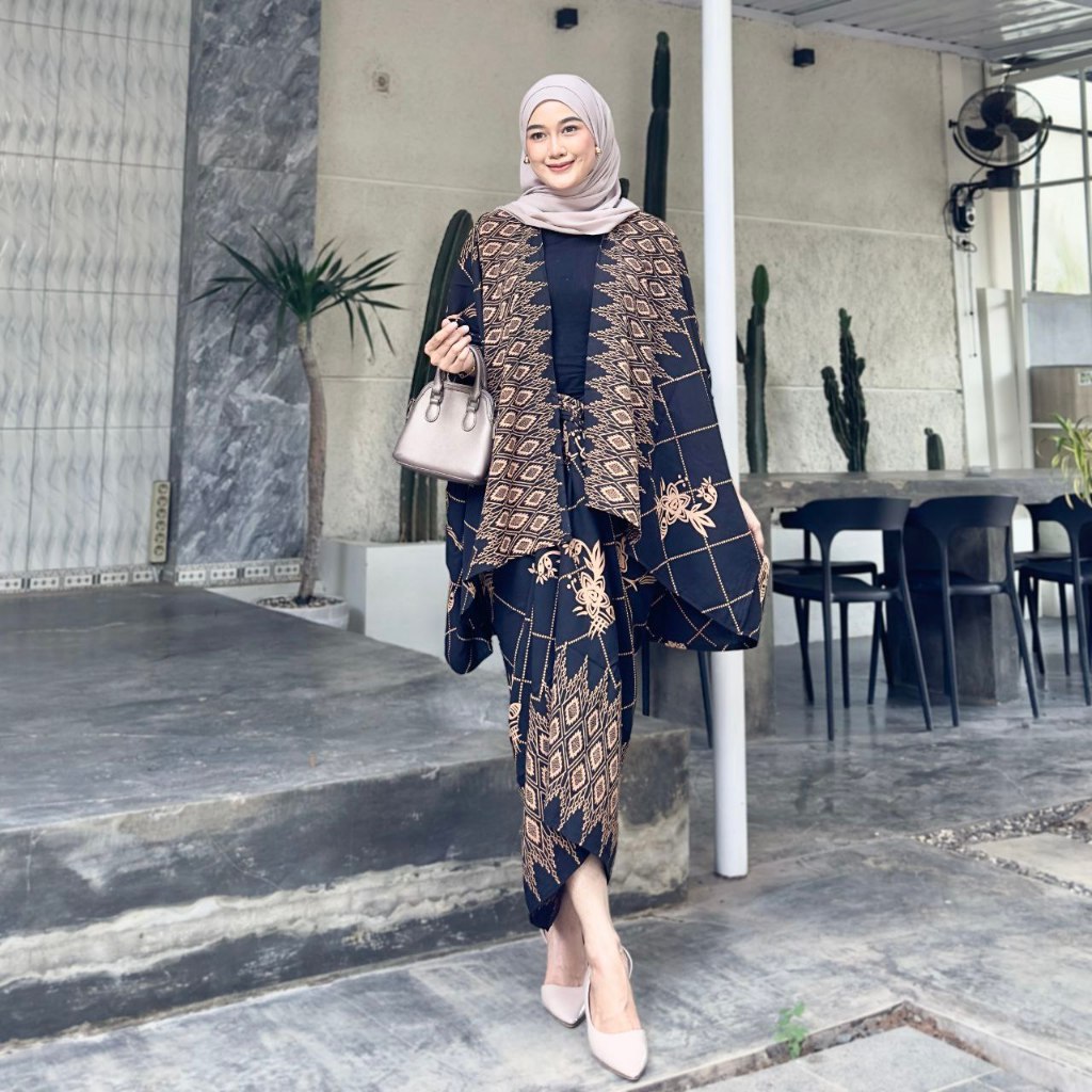 Jual Outfit Baju Kondangan Simpel One Set Batik Outer Rok Lilit Kimono ...