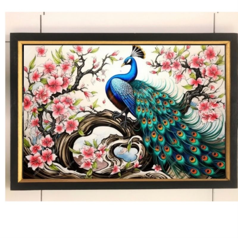 Hiasan dinding lukisan cetak Burung merak indah plus bingkai ukuran 35x52cm