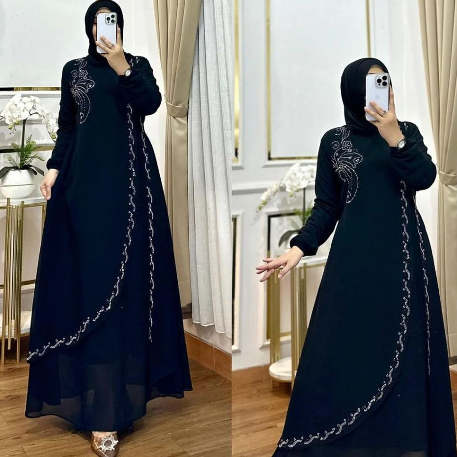 Gamis Melayu Burgundy Payet Swarosky Ceruty Babydoll Dres Wanita Muslim Pesta Kondangan Mewah Elegan
