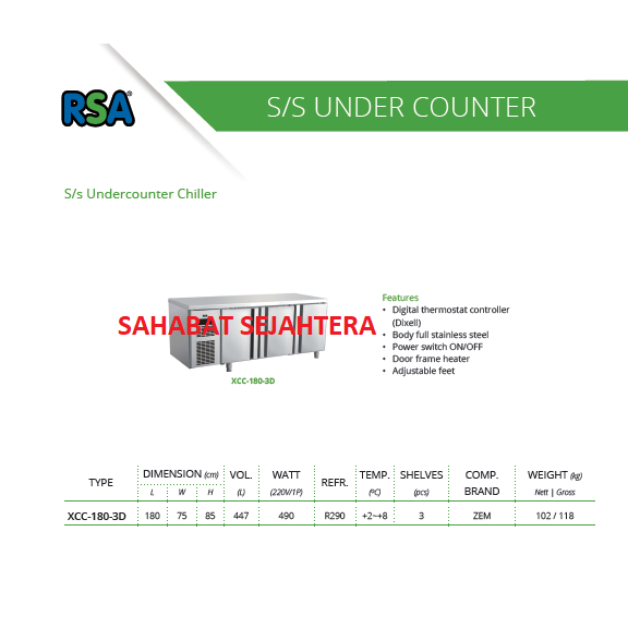 Jual RSA Stainless Steel Undercounter Chiller XCC-180-3D Chiller ...