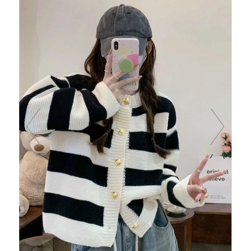 Jual Cardigan Rajut Wanita Stripe Kancing Lengan Panjang Cardigan Rajut ...