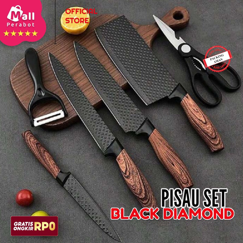 Mall Perabot | Pisau Dapur Black Diamond Set 6 In 1| Pisau Dapur Multifungsi | Knife Set Anti Karat / Lengket | Pisau Dapur Stainless Steel