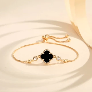 Lanme Jewelry Gelang Serut Lapis Emas Kristal Semanggi Empat Daun Wanita Dewasa Aksesori Fashion Korea Baja Tahan Karat Anti Pudar Gelang Serut Wanita LM607