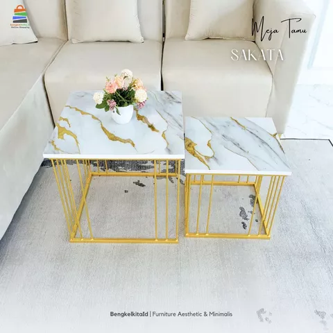 Meja Tamu Kotak Aesthetic Meja Sofa Minimalis - MEJA SAKATA - Set Susun Garis Marmer UV Gold