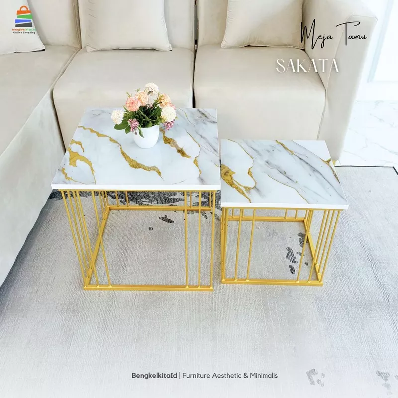 Meja Tamu Kotak Aesthetic Meja Sofa Minimalis - MEJA SAKATA - Set Susun Garis Marmer UV Gold