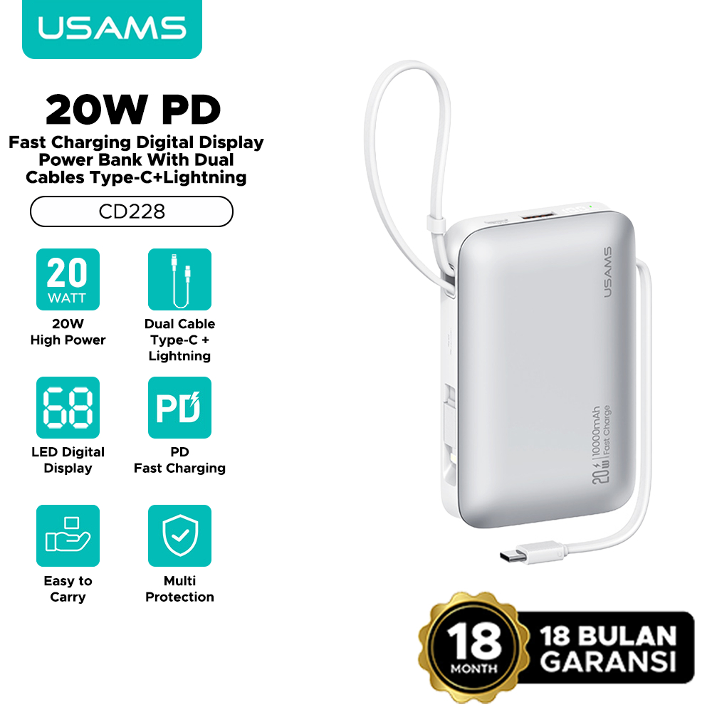 CCC Certified USAMS Powerbank 10000mAh Fast Charging 20W Built-in Kabel  Type C Lightning CD228