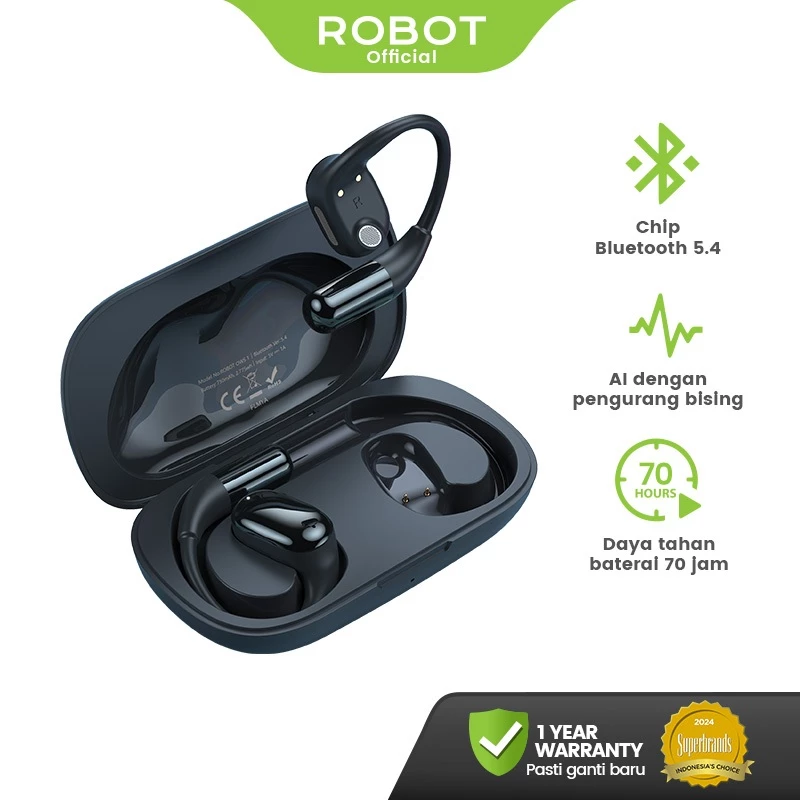 ROBOT True Wireless Open Ear Headphone Earphone Sport Running PlayTime 70 Hours Headset Bluetooth 5.4 Adjustable Ear Hooks