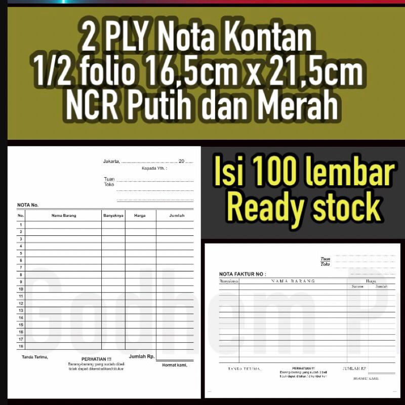 Jual 100 lembar nota kontan rangkap 2 ply ( 1/2 - 1/4 -1/3 folio ...
