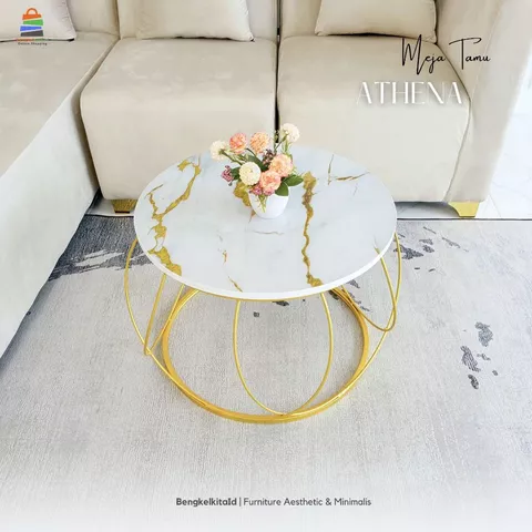 Meja Tamu Aesthetic Meja Bulat - MEJA ATHENA - Sofa Minimalis Marmer Kayu Solid Gold