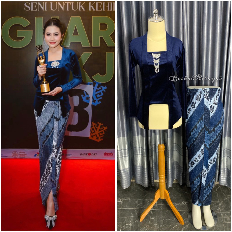 Jual SETELAN KEBAYA KUTU BARU NAVY + ROK PLISKET MOTIF LERENG BIRU ...