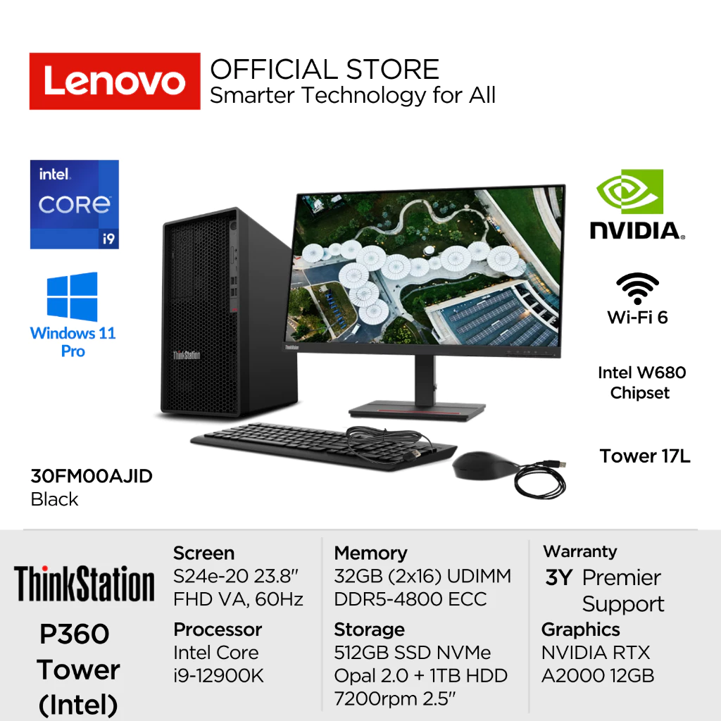 Lenovo PC ThinkStation P360 AJID Intel Core i9 12900K vPro Win11 Pro 32GB DDR5 512GB SSD + 1TB HDD Tower 17L NVIDIA RTX A2000 12GB DVD 30FM00AJID Black Dekstop Bisnis