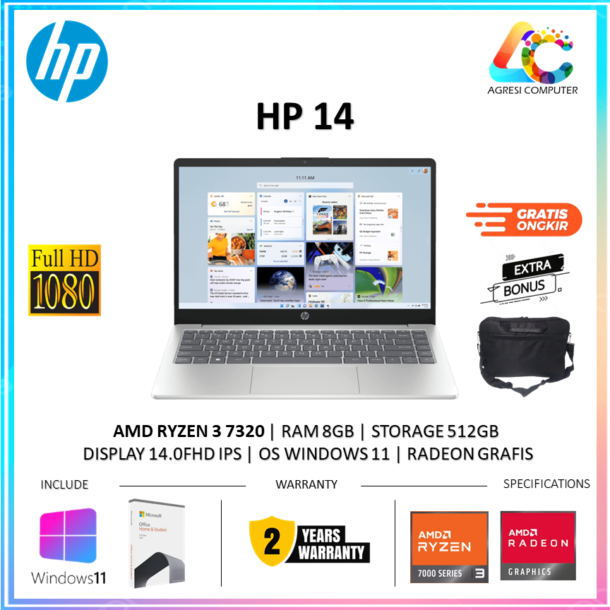 Jual Hp 14 Ryzen 3-7320U RAM 8GB DDR5 512GB SSD AMD RADEON 610M 14.0 ...