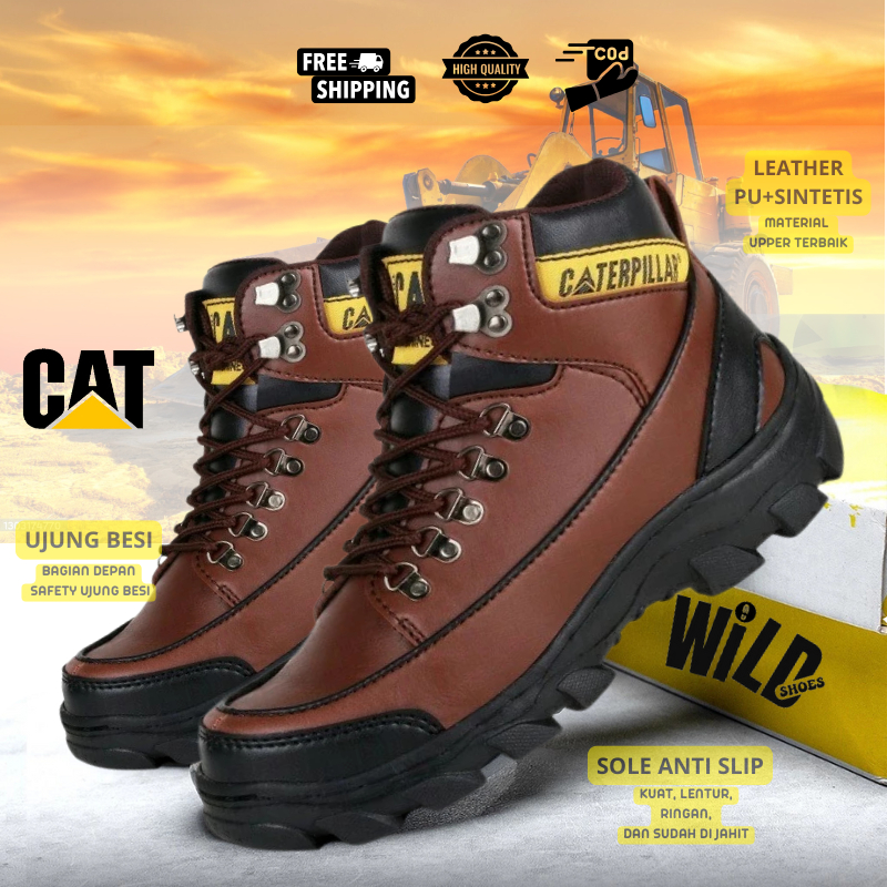 Sepatu Safety Pria Boots Caterpillar Steel Toe Shoes Safety Ujung Besi Sepatu Boots Pria Kerja Outdoor Tracking WILDSHOES