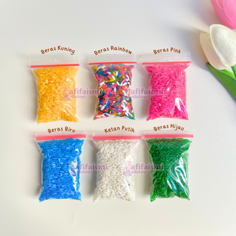 Mainan Edukasi Anak Beras Warna Rainbow Rice Bahan Kolase Prakarya Sekolah - Toys by afifaismi