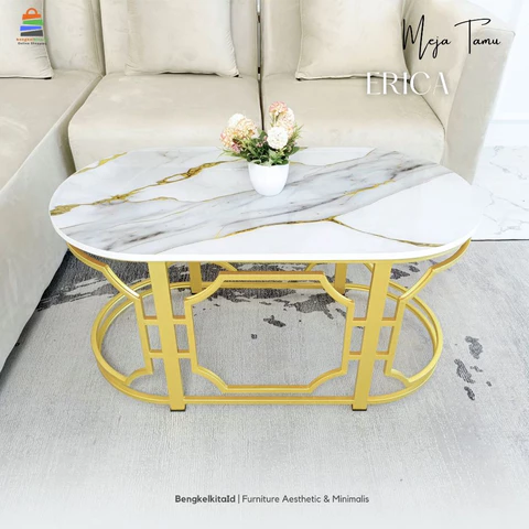 Aesthetic Oval Coffee Table Sofa Desk - MEJA ERICA - Modern Minimalist Besi Holo Gold
