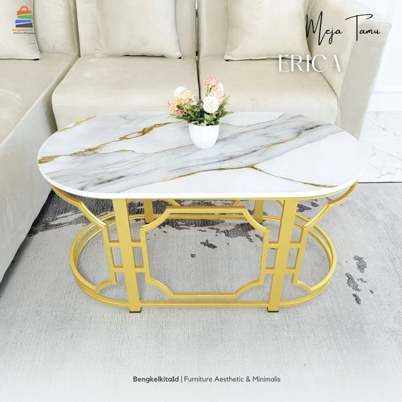 Aesthetic Oval Coffee Table Sofa Desk - MEJA ERICA - Modern Minimalist Besi Holo Gold