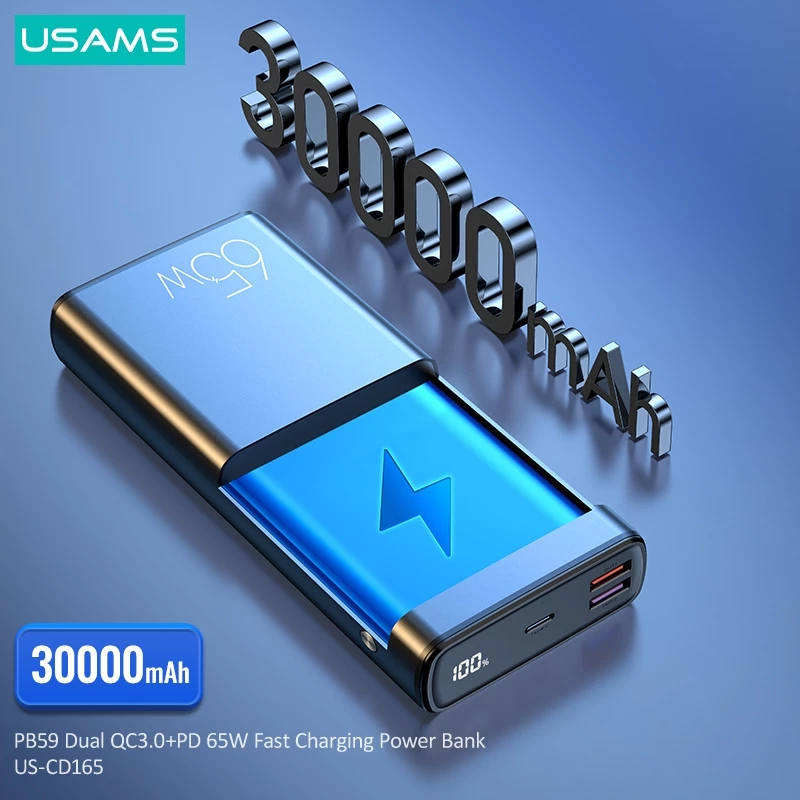 USAMS Powerbank 30000mAh Fast Charging PD 65W Dual QC3.0 + Kabel Data C to C 100W PB59