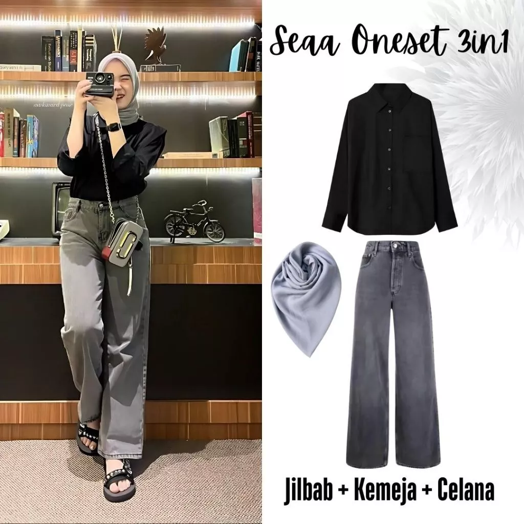 Oneset 3in1 Kemeja Hitam Celana Jeans Jilbab Bella