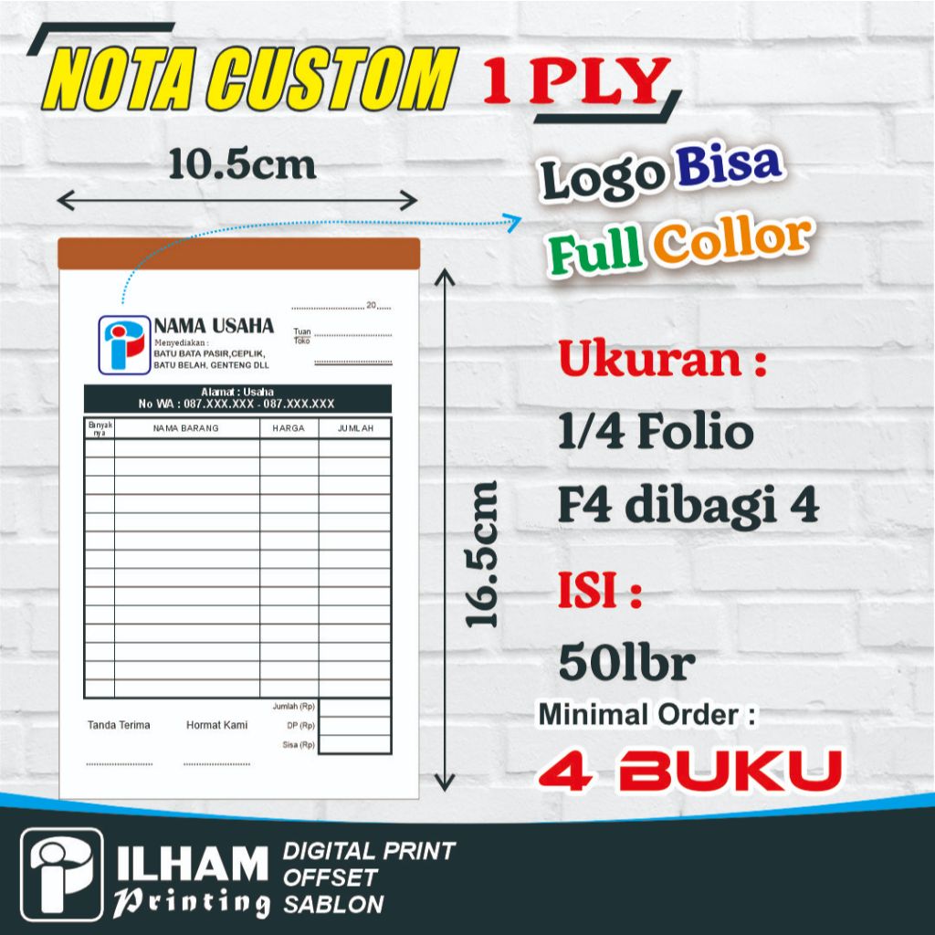 Jual Nota Custom 1/4 Folio 1 PLY Bahan HVS Murah Nota Olshop Dagang ...