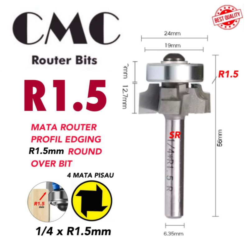 Jual Mata Router/ Profil Edging R 1.5mm 4 Mata Pisau/ Round Over Bits ...