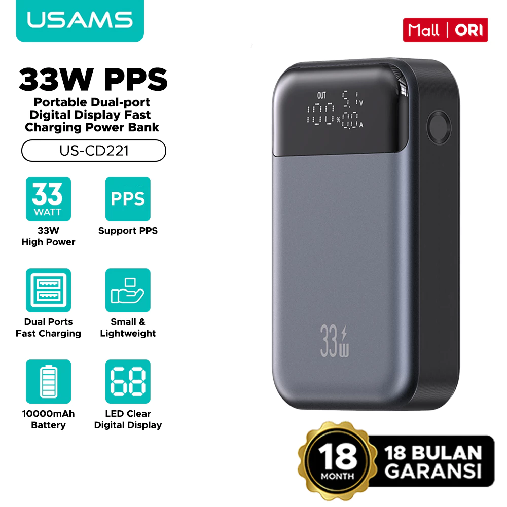 USAMS PB74 Powerbank Fast Charging PPS 33W 10000mAh Digital Display CD221