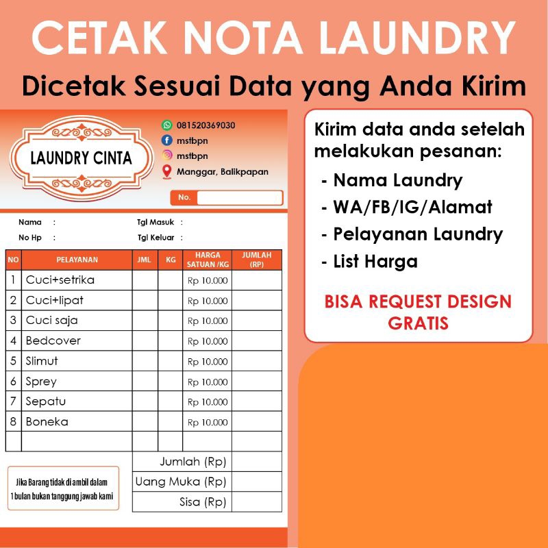 Jual Nota laundry custom # Nota loundry custom 10 x 16 cm isi 50 lembar ...