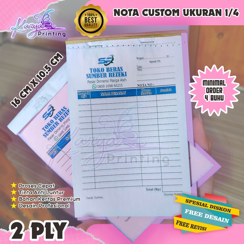 Jual cetak nota custom 2 ply ukuran 1/4 folio buat nota custom nama ...