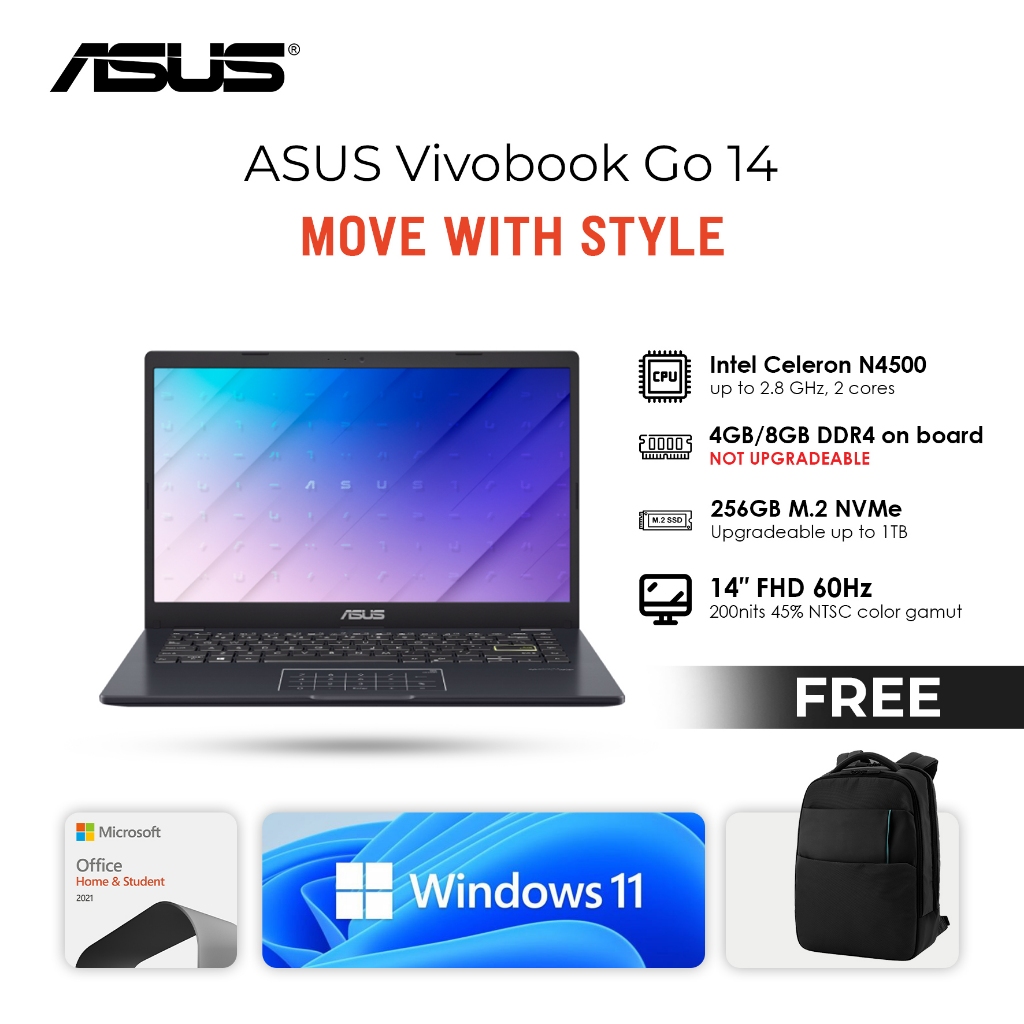 ASUS VIVOBOOK GO 14 E410KA N4500 4GB 256GB WINDOWS 11 +OFFICE FHD