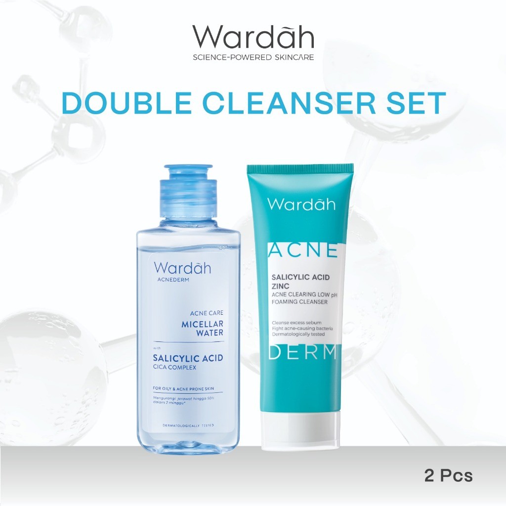 Wardah Paket Double Cleanser Micellar Water 100 ml + Gel Cleanser Acnederm - Untuk Kulit Wajah yang Lebih Bersih