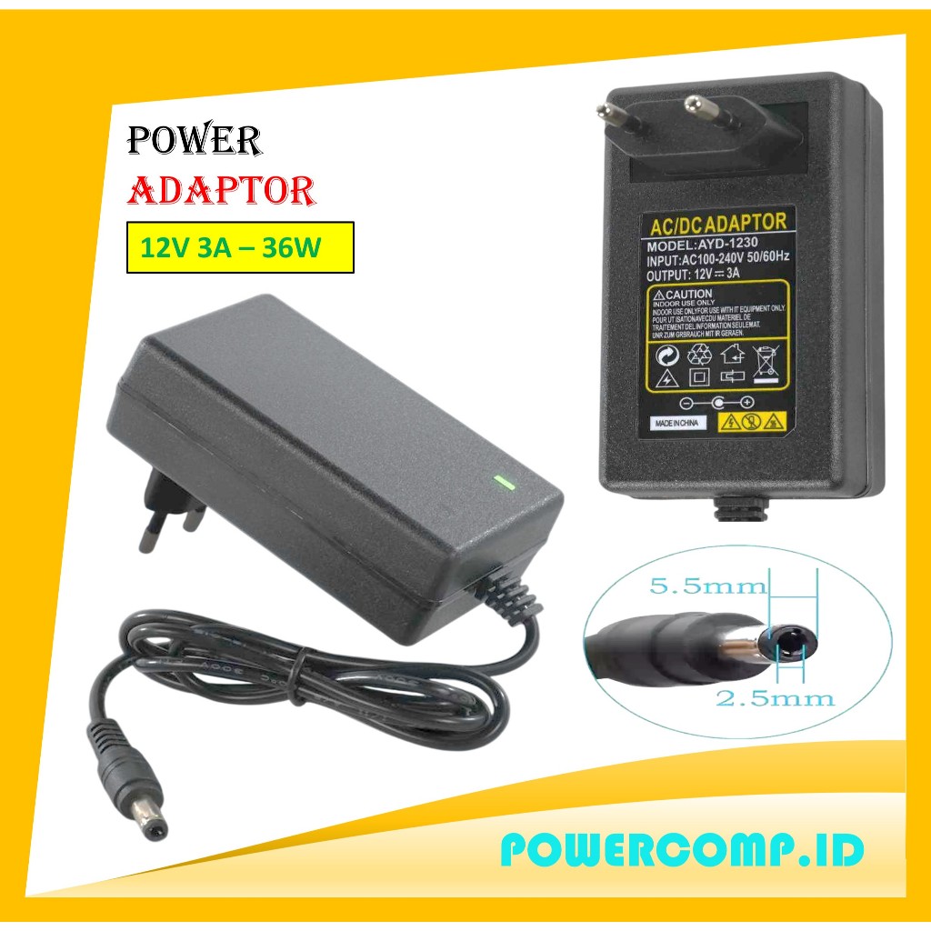 Jual 12V 3A 36W AC DC Power Supply Adapter 100-240V AC to DC 12 Volt 3 ...