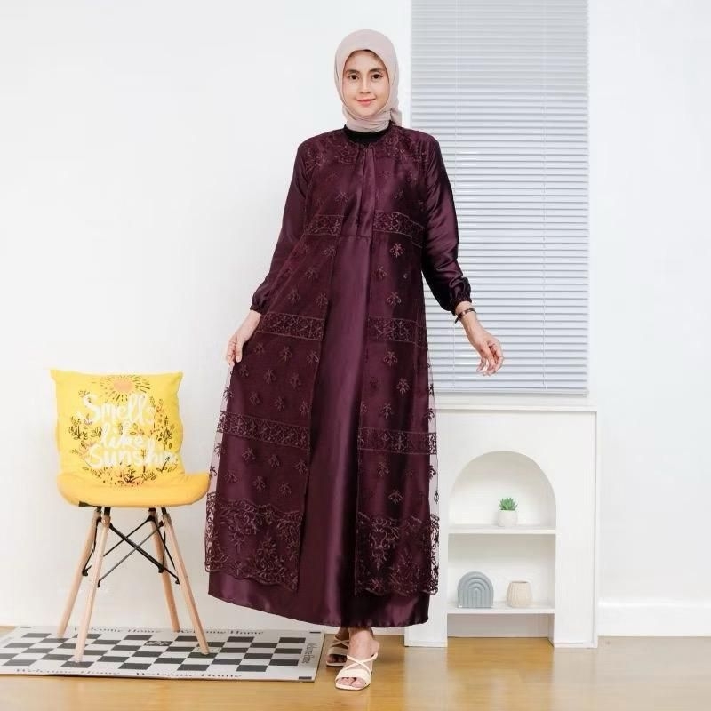 Gamis Burgundy Brukat Cantik Tille Sapto Roberto Premium Gamis Raya Kondangan