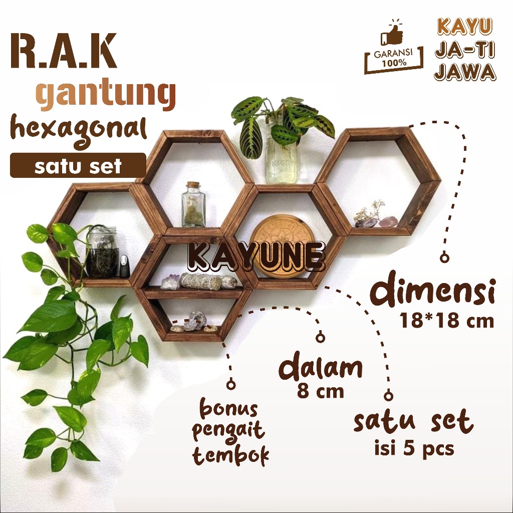 Jual Rak Hexagonal Ambalan Gantung Ukuran 18 cm Satu Set Bahan Kayu ...